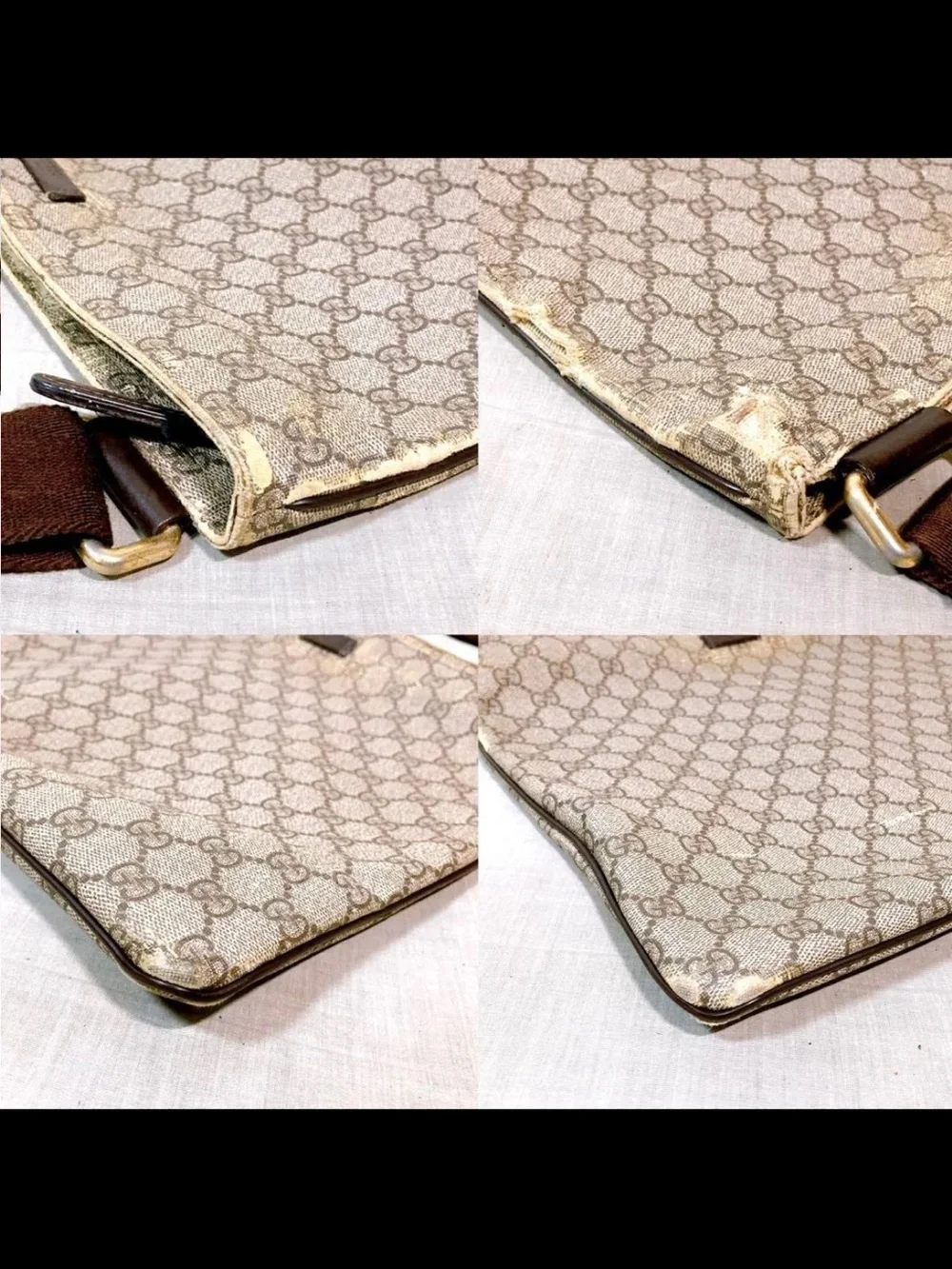 Gucci Beige GG Canvas Crossbody Messenger Bag with Brown Strap